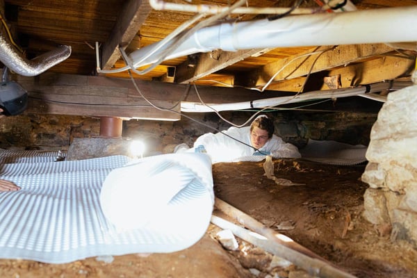 A crew member of South Central Services installing dimple mat in a crawl space. Located in Chambersburg, PA.