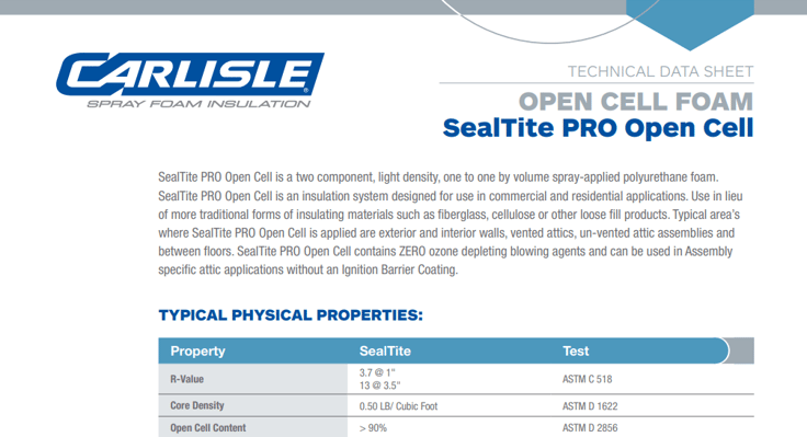 An excerpt of a technical data sheet for Carlisle Spray Foam Insulation open cell foam.