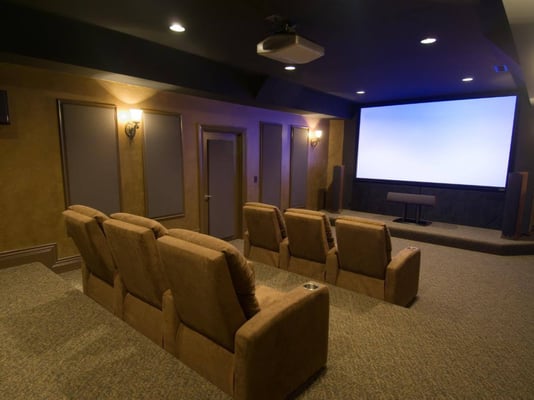 A home theater in a basement.