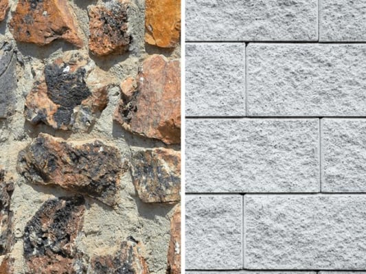 A comparison of stone and brick walls. The stone wall is textured and varied, while the brick wall is flat.