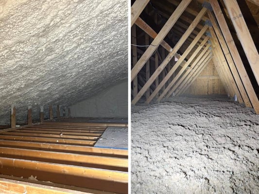 A collage comparing insulation on an attic floor (vented attic) and on the underside of the roof (unvented attic).