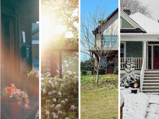 A collage of houses in the spring, summer, autumn, and winter weather in southern Pennsylvania.