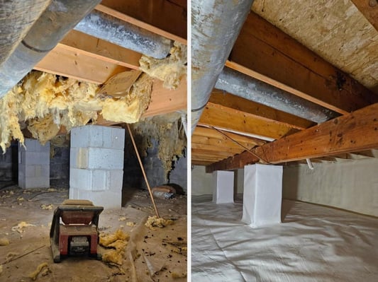 A side-by-side comparison of a crawl space before and after encapsulation.