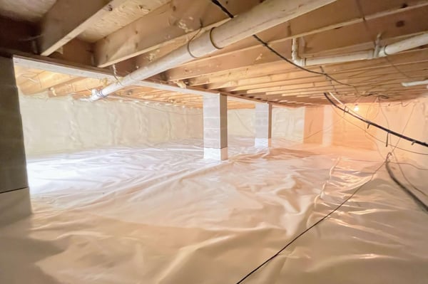 This crawl space in Adams County, Pennsylvania, was encapsulated. This included a vapor barrier on the floor and closed cell spray foam on the walls.