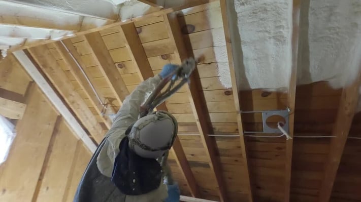 A thumbnail for a video of closed cell spray foam being installed in an attic in Chambersburg, Pennsylvania.