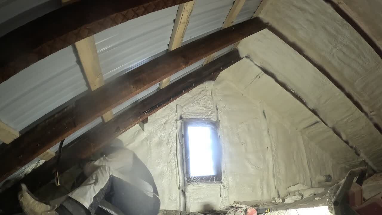 A thumbnail for a timelapse video of closed cell spray foam being installed in an attic in Chambersburg, Pennsylvania.