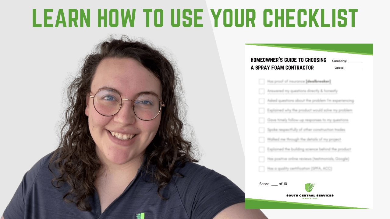 A thumbnail for a video explaining how to use South Central Services' checklist for choosing a qualified spray foam contractor.
