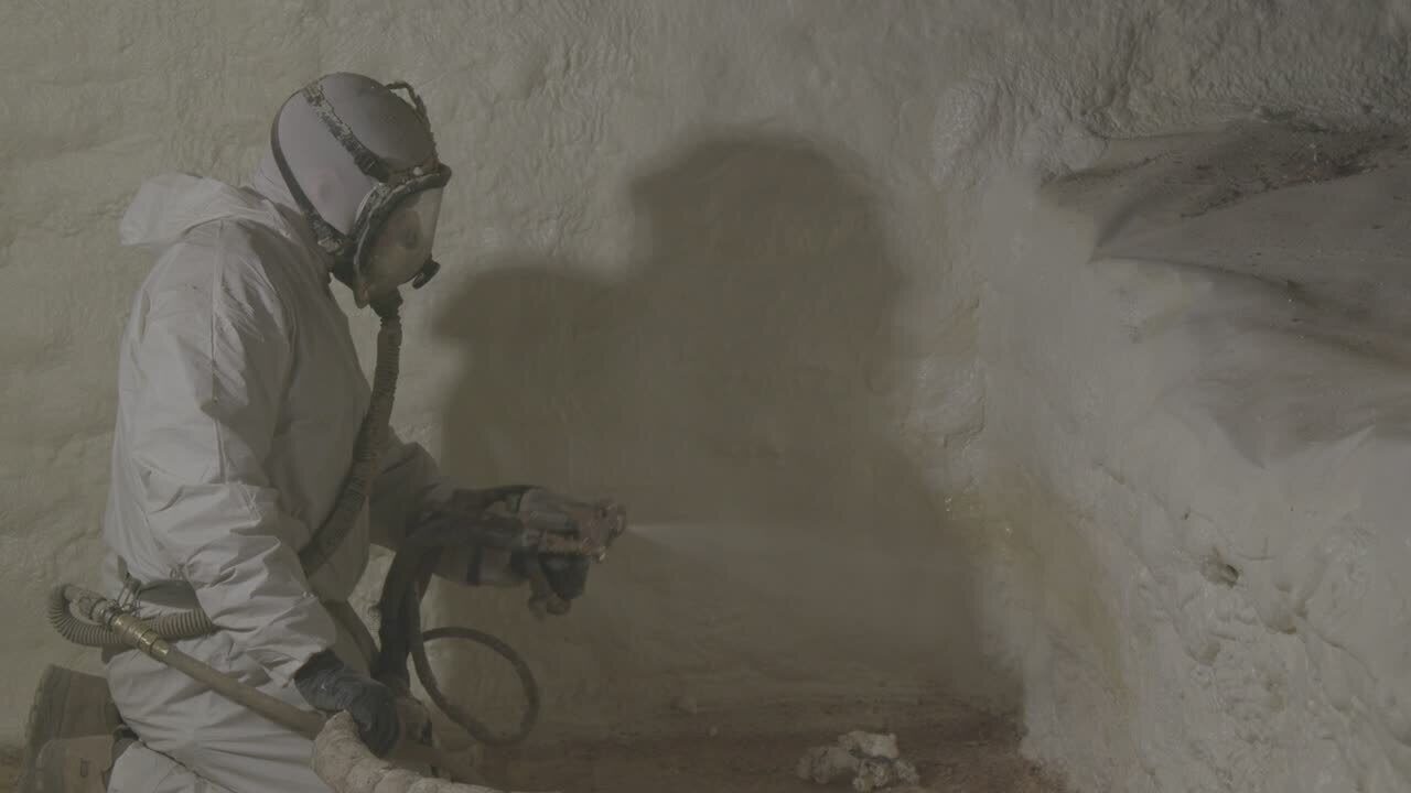 A thumbnail for a video of closed cell spray foam being installed on a masonry wall in Chambersburg, Pennsylvania.